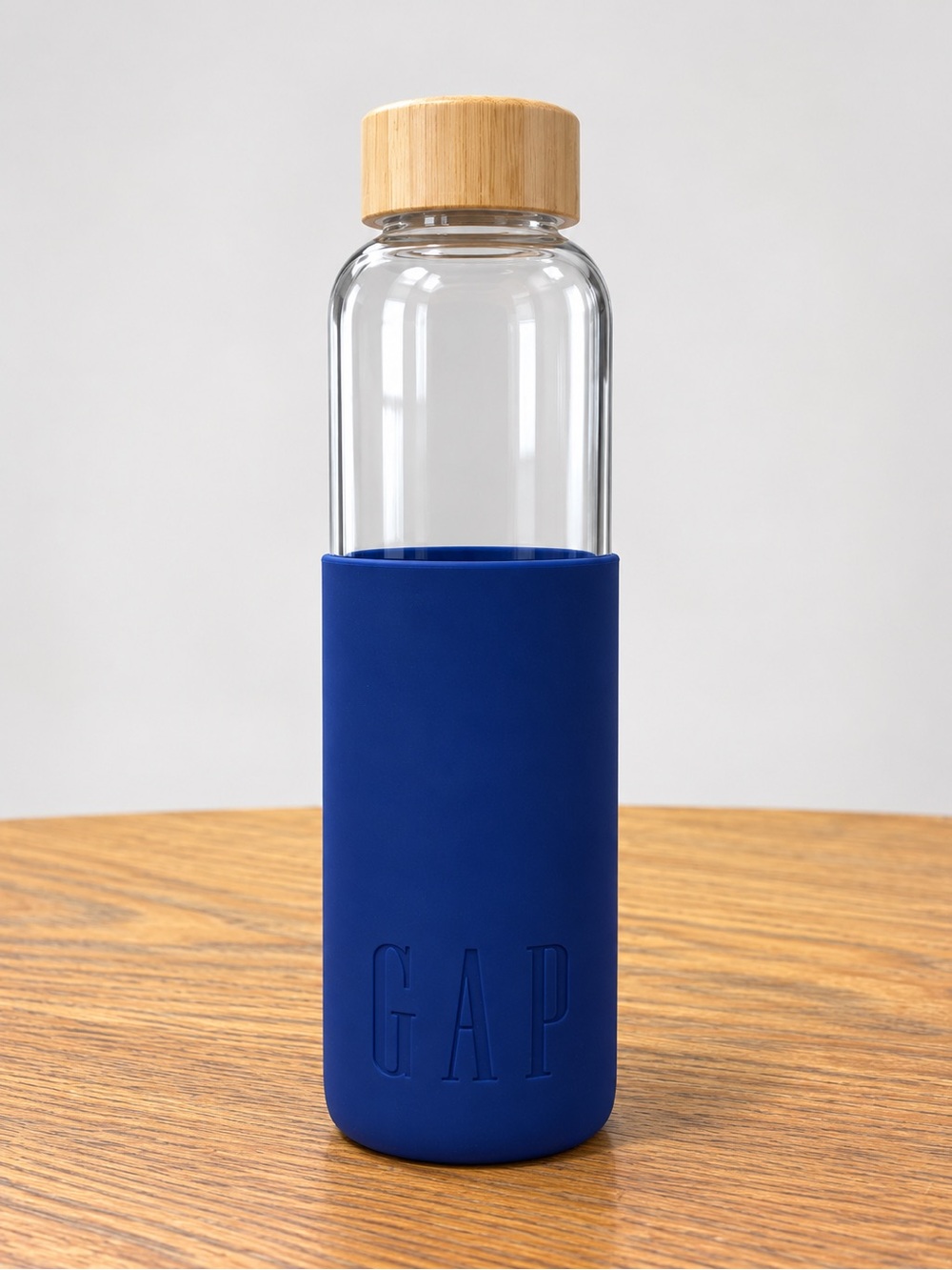 GAP Clear Glass Water Bottle Bamboo Lid Blue Silicone Sleeve
